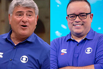 Cléber Machado e Everaldo Marques com o uniforme azul de esportes da Globo