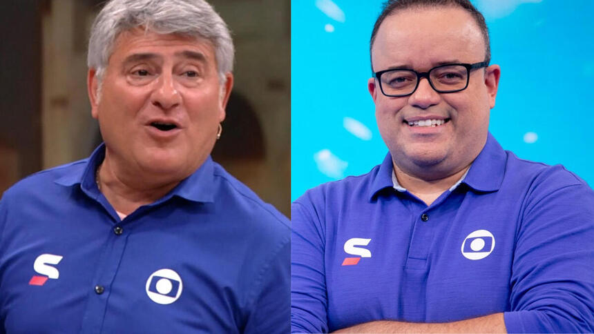 Cléber Machado e Everaldo Marques com o uniforme azul de esportes da Globo