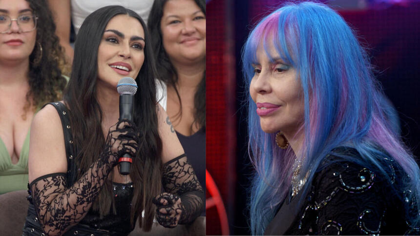 Cleo Pires e Baby do Brasil, sentadas, em trechos de suas participações no programa Altas Horas