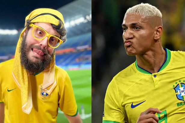 Imagem 1: Diogo Defante com camisa amarela e faixa na cabeça, usando óculos de grau amarelo no Estádio; Imagem 2: Richarlison com a camisa da Seleção Brasileira, fazendo biquinho, com cabelo descolorido durante jogo do Brasil