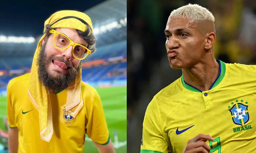 Imagem 1: Diogo Defante com camisa amarela e faixa na cabeça, usando óculos de grau amarelo no Estádio; Imagem 2: Richarlison com a camisa da Seleção Brasileira, fazendo biquinho, com cabelo descolorido durante jogo do Brasil