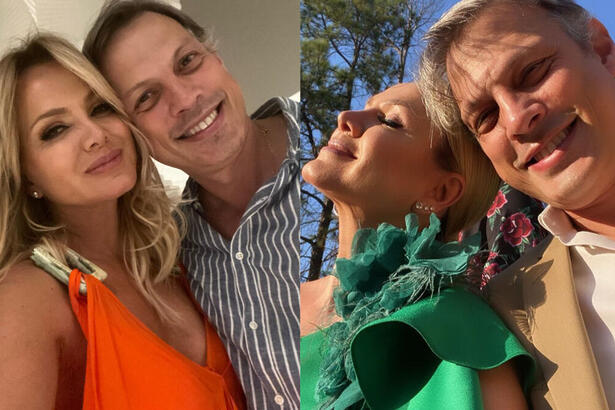 Eliana e Adriano Ricco em duas fotos posadas juntos, abraçados