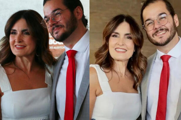 Imagem 1: Fátima Bernardes de vestido branco, sorrindo, cabelo solto, liso, ao lado de Tulio Gadelha, de blazer cinza, camisa social branca, gravata vermelha (de perfil); Imagem 2: Fátima Bernardes de vestido branco, sorrindo, cabelo solto, liso, ao lado de Tulio Gadelha, de blazer cinza, camisa social branca, gravata vermelha (de frente)