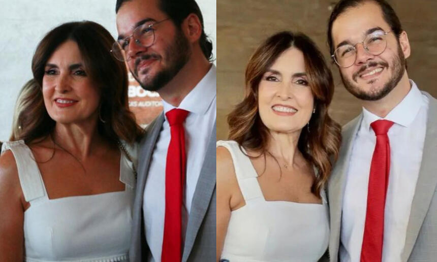 Imagem 1: Fátima Bernardes de vestido branco, sorrindo, cabelo solto, liso, ao lado de Tulio Gadelha, de blazer cinza, camisa social branca, gravata vermelha (de perfil); Imagem 2: Fátima Bernardes de vestido branco, sorrindo, cabelo solto, liso, ao lado de Tulio Gadelha, de blazer cinza, camisa social branca, gravata vermelha (de frente)