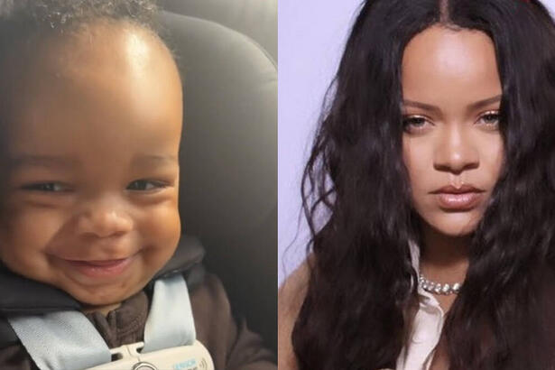 Imagem 1: Filho de Rihanna sorrindo, sentado num banco de carro, com cinto de segurança; Imagem 2: Rihanna de cabelo preto, solto, com semblante sério, batom neutro durante ensaio fotográfico de natal