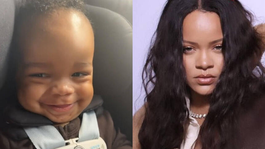 Imagem 1: Filho de Rihanna sorrindo, sentado num banco de carro, com cinto de segurança; Imagem 2: Rihanna de cabelo preto, solto, com semblante sério, batom neutro durante ensaio fotográfico de natal