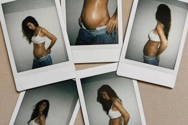 Montagem com fotos de Gabi Brandt mostrando a barriga de grávida