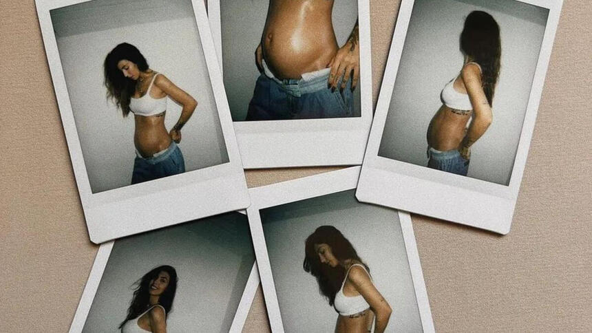 Montagem com fotos de Gabi Brandt mostrando a barriga de grávida