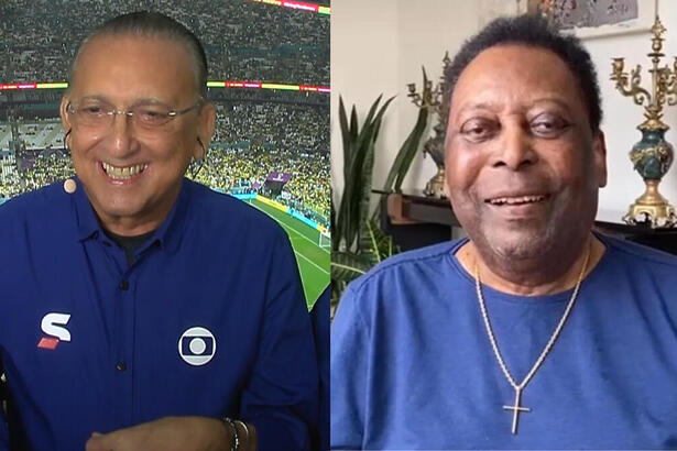 Galvão Bueno, com o uniforme azul de esporte da Globo, em montagem com Pelé, utilizando uma blusa azul