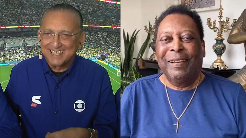 Galvão Bueno, com o uniforme azul de esporte da Globo, em montagem com Pelé, utilizando uma blusa azul