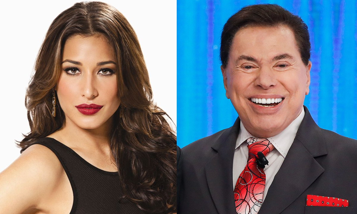 Giselle Itié de batom vermelho, camisa regata preta, com semblante sério durante ensaio fotográfico para publicidade; Silvio Santos com paletó preto, gravata estampada vermelha, sorrindo durante apresentação do seu programa no SBT