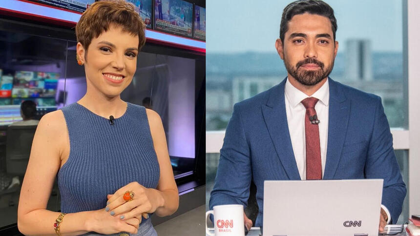 Montagem com Gloria Vanique e Kenzô Machida nos cenários da CNN Brasil