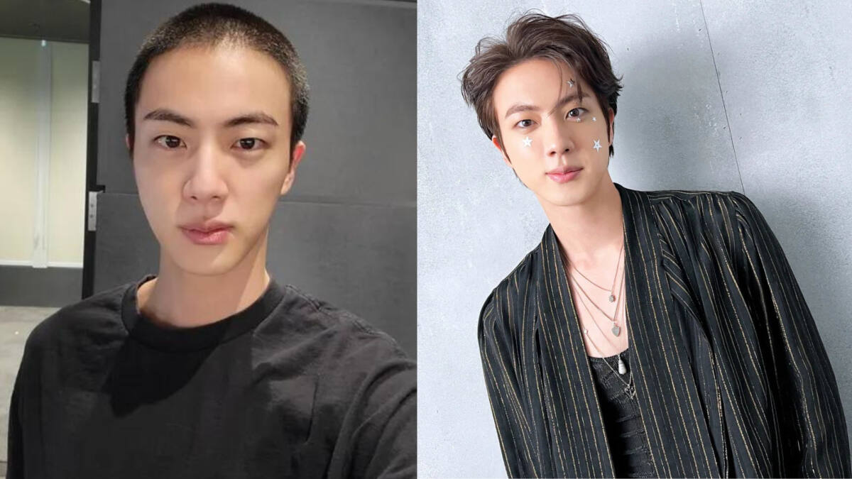 Jin, com o cabelo raspado na primeira foto, em montagem com ele nos bastidores de um show
