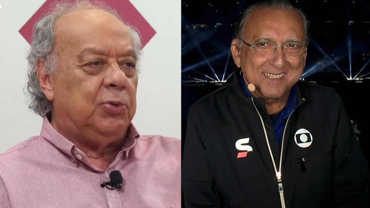 José Trajano, com uma roupa rosa, e Galvão Bueno, com o uniforme de esporte da Globo, em uma montagem