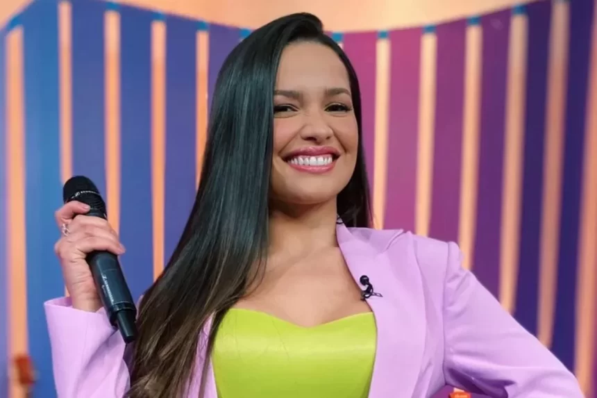 Juliette de blazer lilás, top verde-limão, sorrindo, segurando o micrfone com a mão direita, cabelo liso, solto para o lado direito, em pé, com a mão esquerda na cintura, durante gravação do TVZ, do Multishow