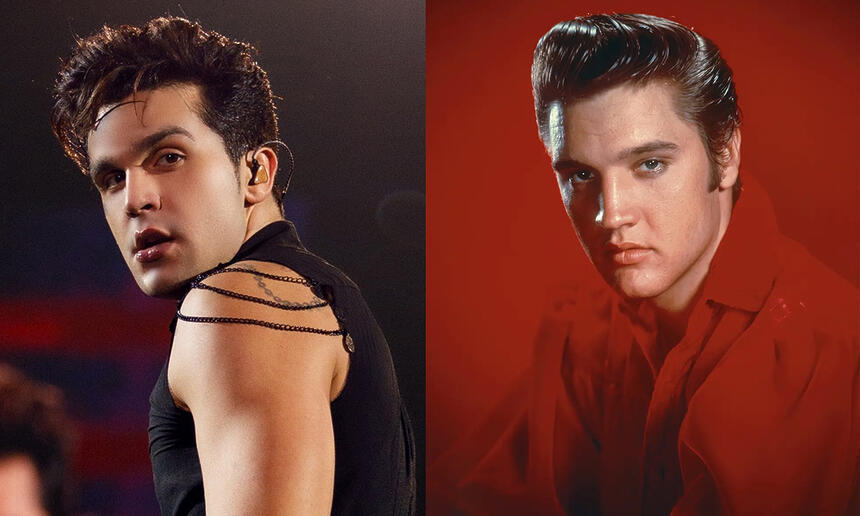 Imagem 1: Luan Santana de perfil, usando colete preto durante performance em show; Imagem 2: Elvis Presley de camisa social vermelha, de cabelo penteado pra traz durante ensaio fotográfio em estúdio com fundo vermelho