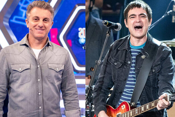 Montagem de Luciano Huck, no palco do Domingão, com Samuel Rosa, se apresentando na banda Skank