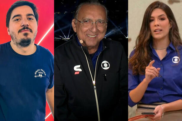 Luis Felipe Freitas, Galvão Bueno e Renata Silveira em uma montagem