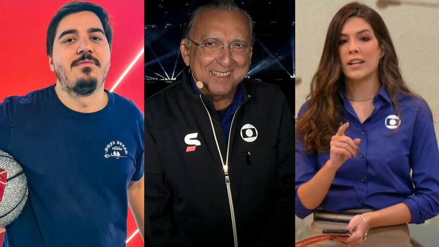 Luis Felipe Freitas, Galvão Bueno e Renata Silveira em uma montagem