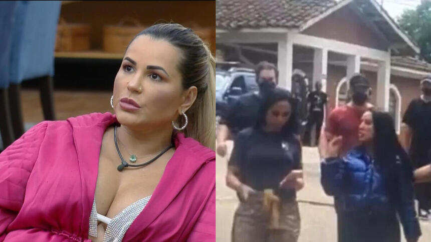 Montagem com Deolane Bezerra dentro da sede de vestido rosa e suas irmãs Bezerra na frente de A Fazenda