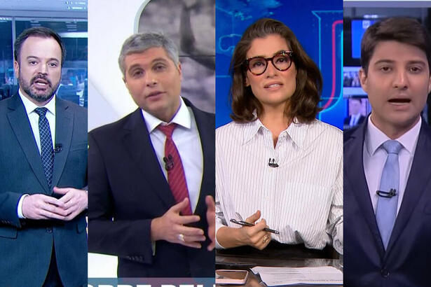 Montagem com os apresentadores Marcelo Torres (SBT) Joel Datena (Band), Renata Vasconcellos (TV Globo) e Rafael Algarte (Record News) durante a cobertura da morte do Rei Pelé