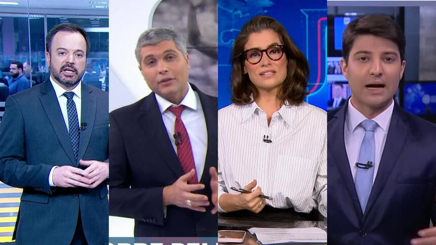 Montagem com os apresentadores Marcelo Torres (SBT) Joel Datena (Band), Renata Vasconcellos (TV Globo) e Rafael Algarte (Record News) durante a cobertura da morte do Rei Pelé