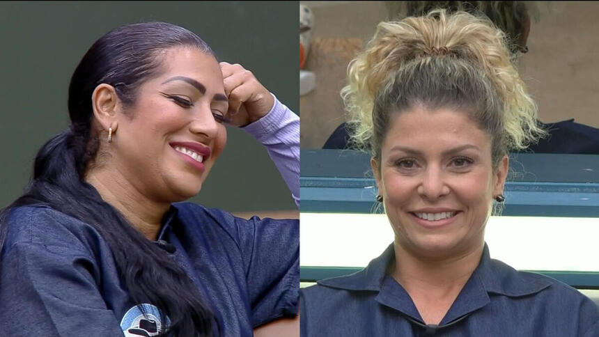 Montagem com Moranguinho sentada no sofá de A Fazenda 14 sorrindo. Na segunda imagem Bárbara Borges também aparece no mesmo sofá sorrindo, ela ganhou placas positivas no Hora do Faro