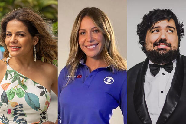 Imagem 1: Nívea Stelmann sorrindo, de vestido estampado durante gravação de novela da TV Globo; Bárbara Coelho com farda azul, sorrindo, de cabelo solto durante photoshoot da TV Globo; e Totoro de paletó e gravata preta, com cabelo encaracolado preto, olhando pra cima na diagonal