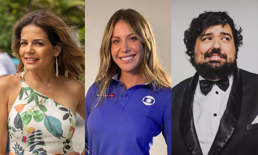 Imagem 1: Nívea Stelmann sorrindo, de vestido estampado durante gravação de novela da TV Globo; Bárbara Coelho com farda azul, sorrindo, de cabelo solto durante photoshoot da TV Globo; e Totoro de paletó e gravata preta, com cabelo encaracolado preto, olhando pra cima na diagonal