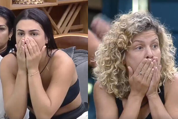 Primeira imagem: Pétala sentada, de top preto, com as mãos na boca, assustada com a notícia da saída de Deolane; Segunda imagem: Bárbara Borges com as mãos na boca visivelmente assustada