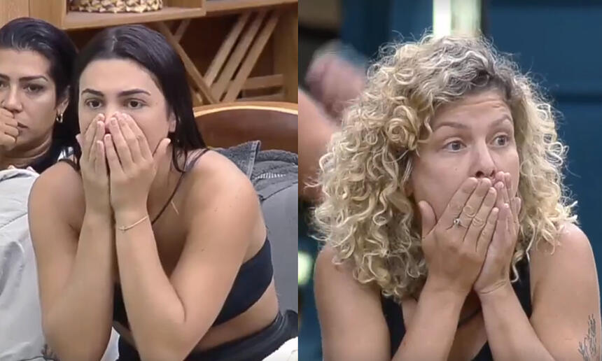 Primeira imagem: Pétala sentada, de top preto, com as mãos na boca, assustada com a notícia da saída de Deolane; Segunda imagem: Bárbara Borges com as mãos na boca visivelmente assustada