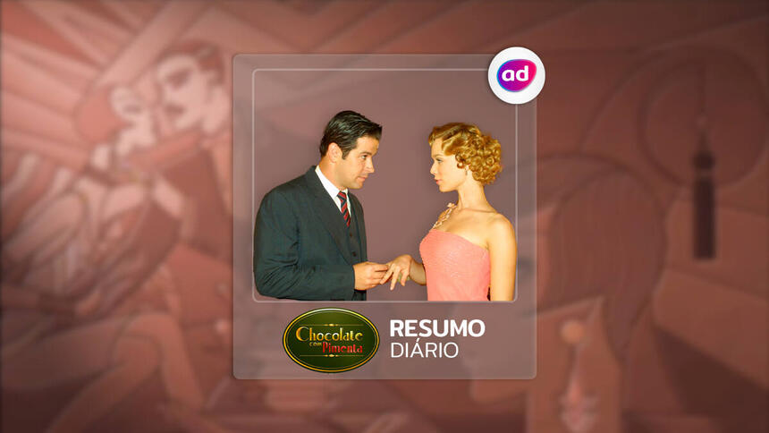 Arte do resumo diário da novela Chocolate com Pimenta, exibida na TV Globo