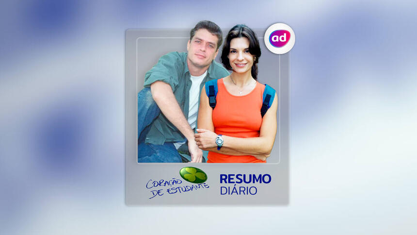 Arte gráfica com o logo e protagonistas da novela Coração do Estudante para o resumo diário