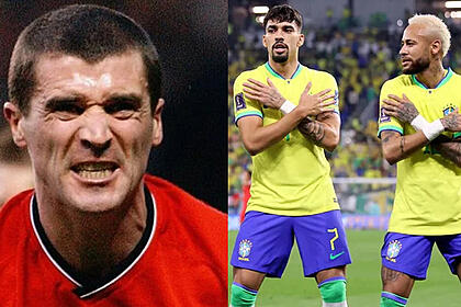 Imagem 1: Roy Keane com cara de bravo, uniforme vermelho de quando jogava no Manchester United; Imagem 2: Neymar e ´Paquetá com uniforme da Seleção Brasileira com as mãos nos ombros fazendo coreografia de Tiktok após gol contra Coreia do Sul