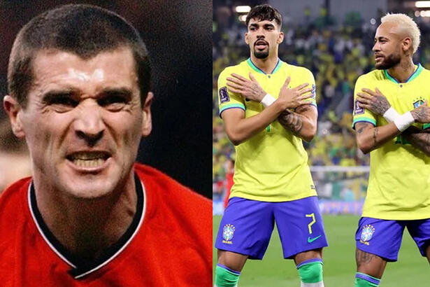 Imagem 1: Roy Keane com cara de bravo, uniforme vermelho de quando jogava no Manchester United; Imagem 2: Neymar e ´Paquetá com uniforme da Seleção Brasileira com as mãos nos ombros fazendo coreografia de Tiktok após gol contra Coreia do Sul