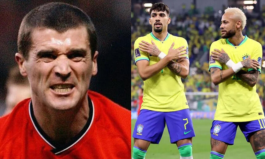 Imagem 1: Roy Keane com cara de bravo, uniforme vermelho de quando jogava no Manchester United; Imagem 2: Neymar e ´Paquetá com uniforme da Seleção Brasileira com as mãos nos ombros fazendo coreografia de Tiktok após gol contra Coreia do Sul