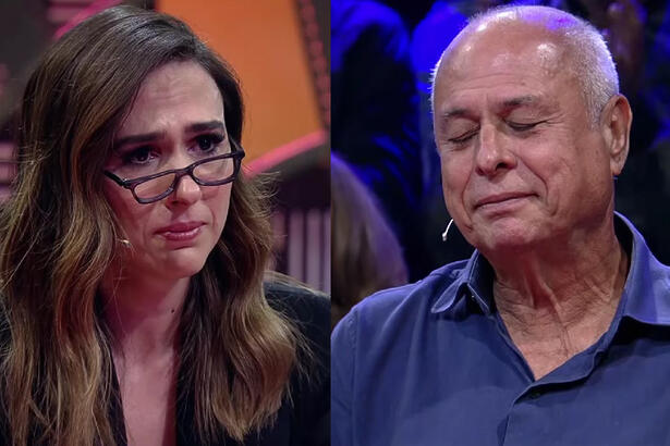 Imagem 1: Tatá Werneck com um blazer e top preto, óculos de grau preto, emocionada; Foto 2: Pai de Tatá Werneck de camisa social preto, com olhos fechados, sentado; durante gravação do Lady Night, do Multishow