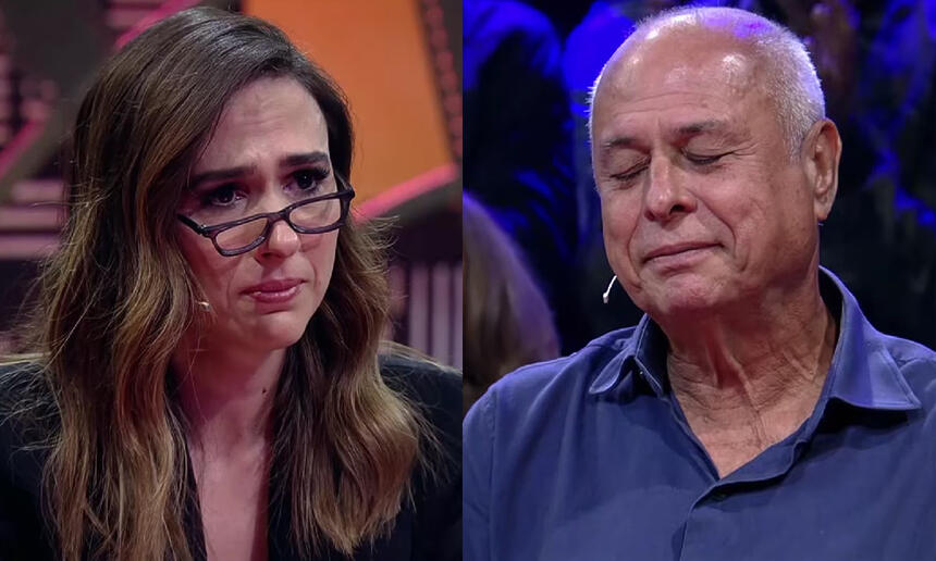 Imagem 1: Tatá Werneck com um blazer e top preto, óculos de grau preto, emocionada; Foto 2: Pai de Tatá Werneck de camisa social preto, com olhos fechados, sentado; durante gravação do Lady Night, do Multishow