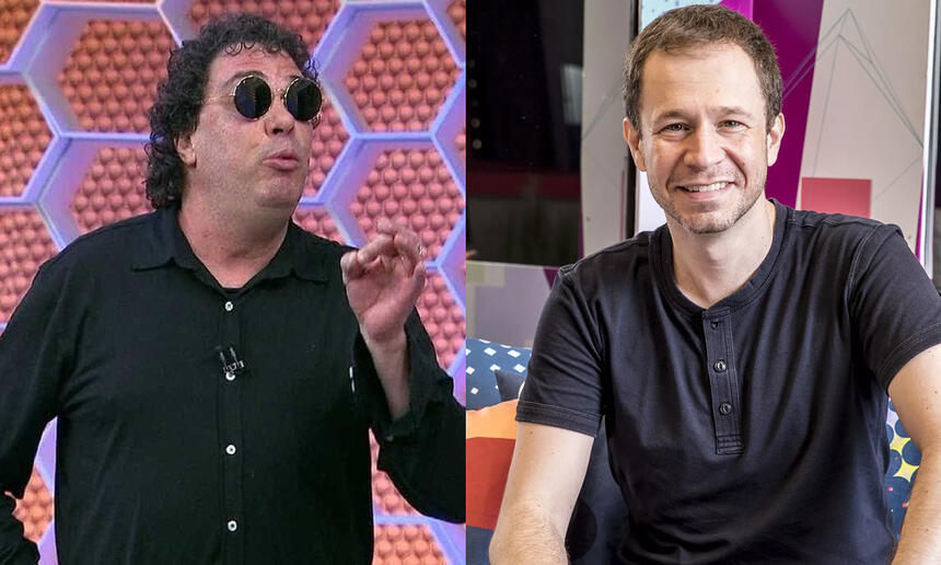 Imagem 1: Walter Casagrande de camisa social preta, de óculos de sol preto, gesticulando com a mão esquerda durante apresentação de programa na TV Globo; Imagem 2: Tiago Leifert de camisa básica preta, sorrindo, sentado em um dos cômodos do Big Brother Brasil