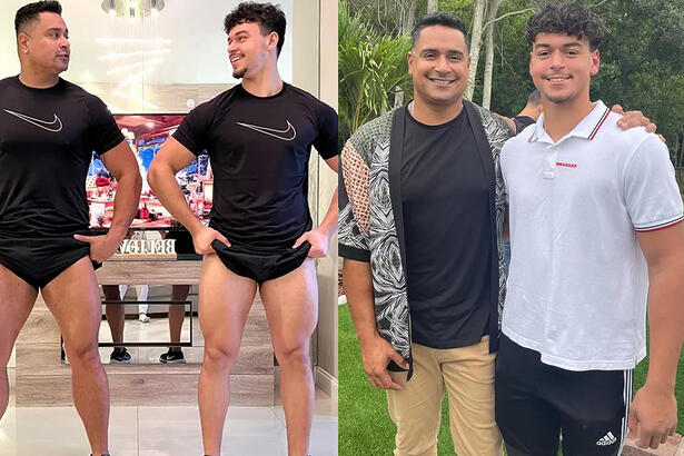 Imagem 1: Xanddy e Victor mostrando as coxas, de camisa e short preto na sala; Imagem 2: Xanddy de camisa florida por cima, camisa preta básica por baixo, sorrindo ao lado de Victor num jardim nos EUA