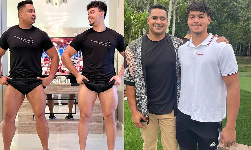 Imagem 1: Xanddy e Victor mostrando as coxas, de camisa e short preto na sala; Imagem 2: Xanddy de camisa florida por cima, camisa preta básica por baixo, sorrindo ao lado de Victor num jardim nos EUA