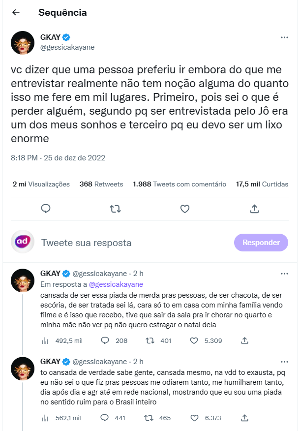 Twitters de Gkay contra Fábio Porchat