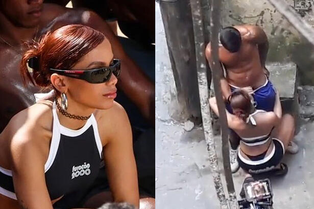 Imagem 1: Anitta sentada, de oculos de sol preto, com camisa preta e linha branca, com a logo da Furacão 2000, cabelo preso; Imagem 2: Anitta ajoelhada, em frente a um modelo de short azul, simulando sexo oral