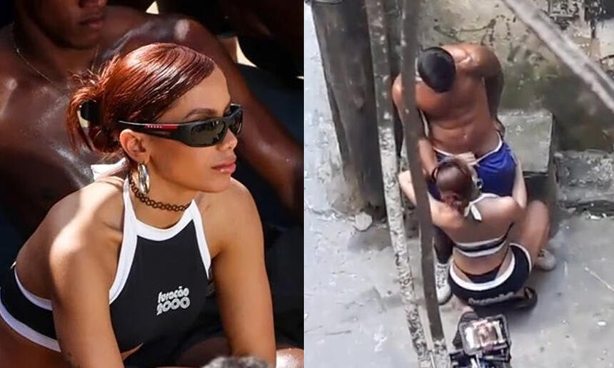 Imagem 1: Anitta sentada, de oculos de sol preto, com camisa preta e linha branca, com a logo da Furacão 2000, cabelo preso; Imagem 2: Anitta ajoelhada, em frente a um modelo de short azul, simulando sexo oral