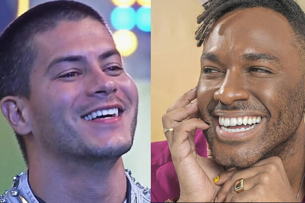 Arthur Aguiar sorrindo durante festa do BBB 22; Imagem 2: Fred Nicácio sorrindo, com a mão no queixo durante ensaio fotográfico pro BBB 23