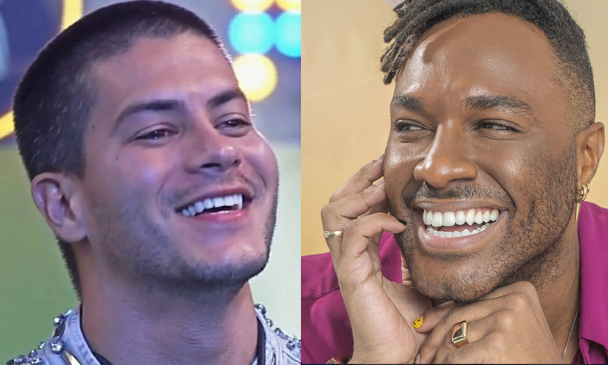 Arthur Aguiar sorrindo durante festa do BBB 22; Imagem 2: Fred Nicácio sorrindo, com a mão no queixo durante ensaio fotográfico pro BBB 23