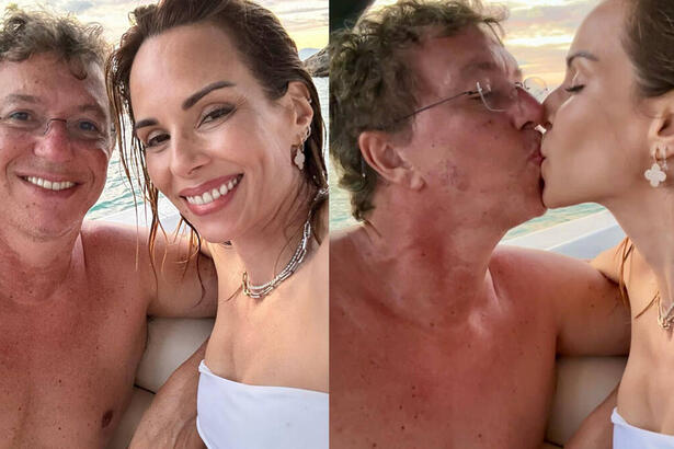 Montagem de Ana Furtado e Boninho juntos, se abraçando e beijando. Ele está sem camisa e ela em trajes de banho