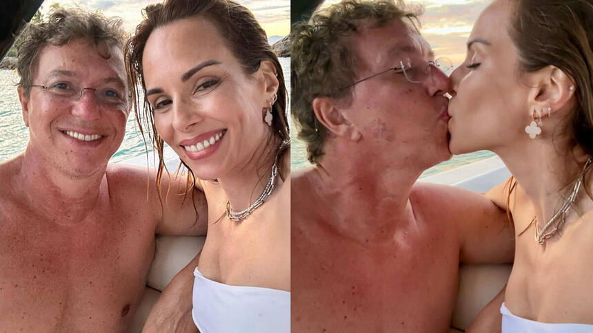 Montagem de Ana Furtado e Boninho juntos, se abraçando e beijando. Ele está sem camisa e ela em trajes de banho