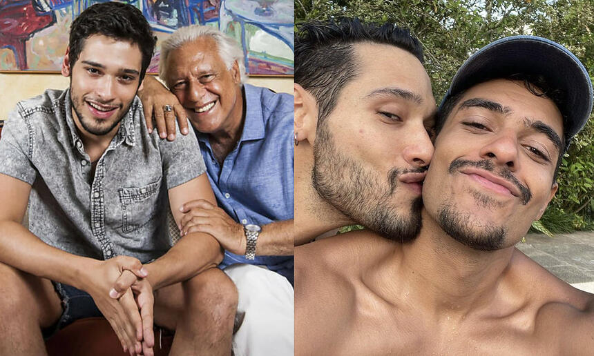 Imagem 1: Bruno Fagundes de camisa cinza e bermuda, com as mãos juntas, sorrindo, sentado ao lado de Antonio Fagundes, que está sorrindo, de camisa social azul e calça branca, sentado com a cabeça encostada no ombro de Bruno; Imagem 2: Bruno beijando o pescoço de Igor Fernandes durante passeio a Minas Gerais