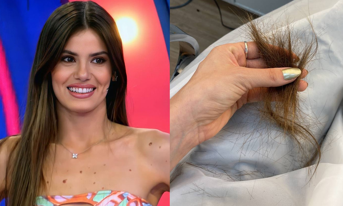 Imagem 1: Camila Queiroz com vestido estampado em tons de magenta, sorrindo, durante gravação no Caldeirão, da TV Globo; Imagem 2: Mão de Camila Queiroz segurando um pedoço de cabelo no salão